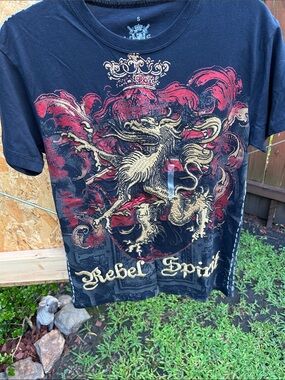 Rebel Spirit Black Short Sleeve Tee with Red and Gold Crest